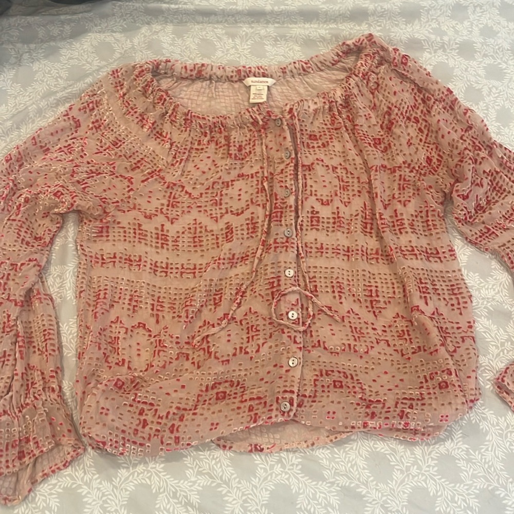 Sundance Blouse Womens Medium Pink Burnout Button Front Sheer Blouse
